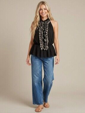 NWT Ruffle Collar & Front Top Chiffon & Lace Sleeveless Black & Tan